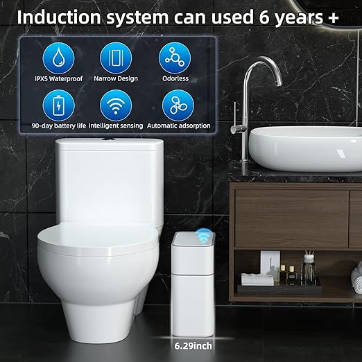 MOPALL Small Bathroom Trash Cans with LidsMotion Sensor Bathroom Trash CanNarrow Waterproof Plastic 3.5 Gallon Automatic Adsorption Touchless Garbage CanWhite