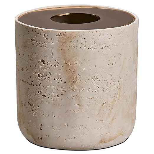 Natural Travertine Textures Mini Trash Can with Rose Gold Stainless Steel Lid Mini Countertop Trash Can for Bathroom Kitchen Desk or Table top Mini Garbage Can Resin Tiny Waste Basket for Vanity