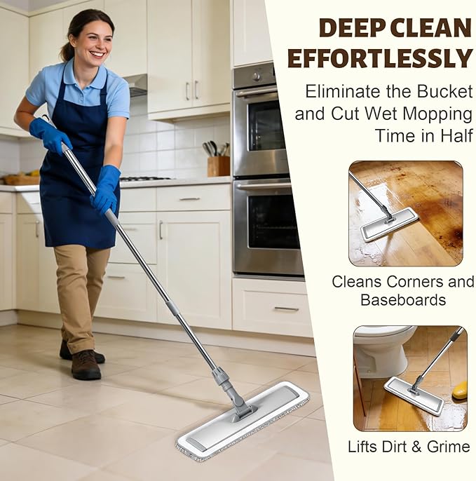 17.7 Microfiber Mop for Floor Cleaning 59in Long Adjustable Stainless Steel Handle 360° Rotating Large Flat Mops 4 Washable Pads for Dry &amp Wet Cleaning for Hardwood Vinyl Laminate Grey