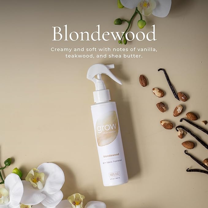 Grow Fragrance Scented Fabric and Room Air Freshener Spray - Certified Non-Toxic 100% Plant-Based Essential Oils - 5 oz (Blondewood + Woodland Sage 2-Count)