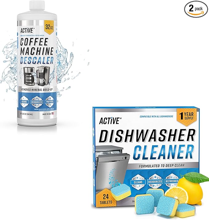 ACTIVE Dishwasher Cleaner and Coffee Machine Descaler - Includes 24ct Dishwasher Cleaning Tablets and 32oz Coffee Machine Cleaner