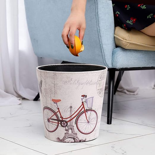PU Leather Small Trash Can Wastebasket Round Garbage Container Basket for Bathrooms Laundry Room Kitchens Offices Kids Rooms BedroomsDormsHome Decorative Art Bin 2.9 Gallon(Bicycle)