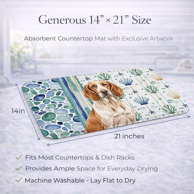 Caroline's Treasures Bracco Italiano Coastal Sea Glass Dish Drying Mat Absorbent Dish Drying Mat Pad for Kitchen Counter Dish Drainer Mat for Countertop 14 x 21 Multicolor
