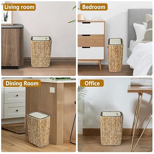 Dawn 2.6 - Gallon Boho Rattan Trash Can with Press - Top Lid - 2 - in - 1 Wastebasket &amp Hamper for Bathroom Kitchen Living &amp Bedroom