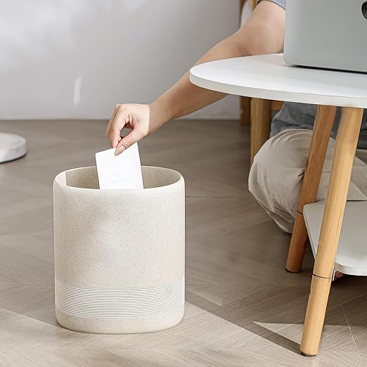 Trash Can 1.6 Gallon Small Bathroom Trash Can Simple Oval Stone Look Garbage Bin Decorative Waste Basket for Kitchen Office Home Decor Bedroom Living Room (Beige)