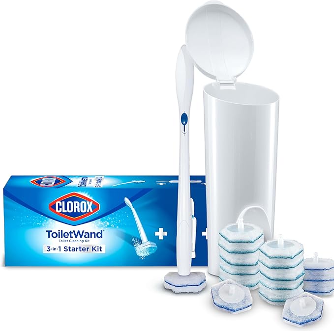 Clorox ToiletWand Disposable Toilet Cleaning System Spring Cleaning Essential ToiletWand Storage Caddy and 16 Disinfecting ToiletWand Scrubbing Pad Refills