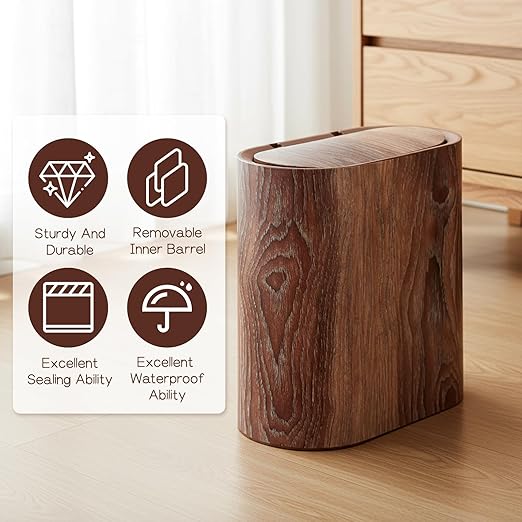 Bathroom Trash Can with Pop-Up Lid Lids Small Garbage Bin Plastic Marble Wood Pattern Trashcans Removable Liner Bucket Wastebasket Modern Narrow Waste Basket for Home Kitchen Bedroom Office