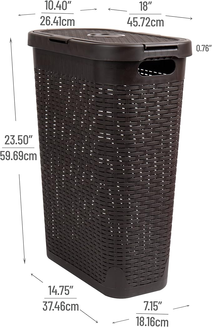 Mind Reader Slim Laundry Hamper with Lid 40L Clothes Basket Narrow Tapered Design with Ventilated Cutout Pattern Plastic Brown