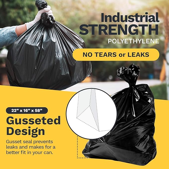 ToughBag 55 Gallon Trash Bags Heavy Duty (100 Count) - 50-60 Gallon Black Garbage Bags Large Trash Bags - 38 x 58 - Made in USA