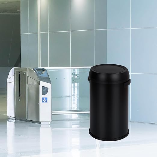 GarveeHome 17 gal/65 L Swing Top Trash Can Stainless Steel Rubbish Bin Commercial Grade Waste Container Round Garbage Can for Outdoor Home Office Restaurant Black