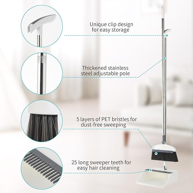 Broom with Dustpan Combo Set 2 in 1 Broom and Dustpan Set with Long Handle Upright 180° Rotating Broom with Brush and Lightwight Dust Pans for Home Kitchen Room Office Lobby Floor CleaningWhite
