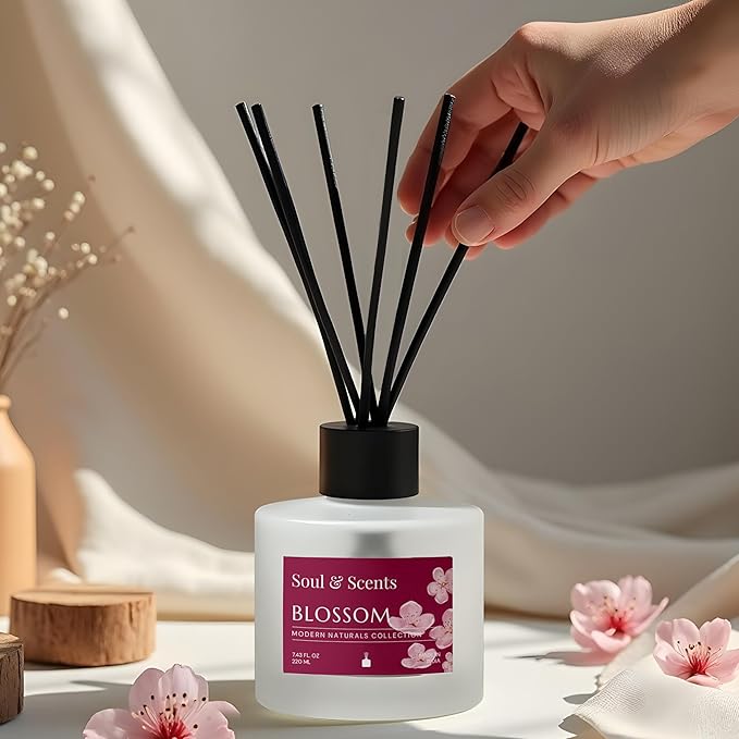 Soul &amp Scents Reed Diffuser Set – Blossom | 7.43 oz Refillable Scented Oil with 6 Fiber Sticks | Long-Lasting Home Fragrance &amp Air Freshener for Bedroom Bathroom Office | Gift &amp Décor Pi