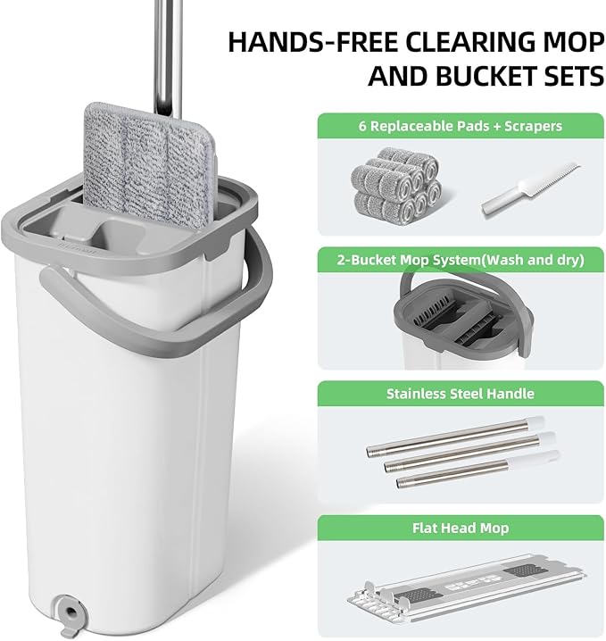 Mop and Bucket with Wringer Set: Wet Dry Separation System for Easy Floor Cleaning Rebound Head for Bathroom &amp Living Room Gift for Women