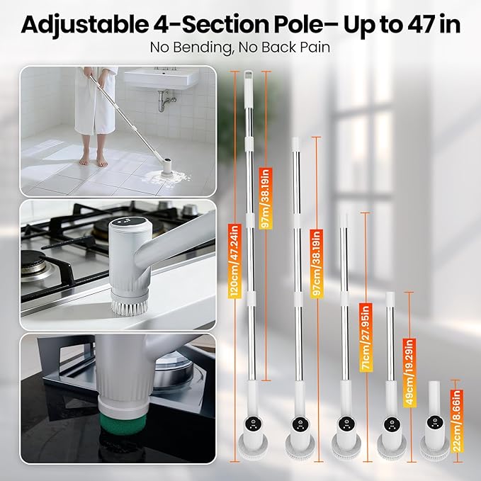 Electric Spin Scrubber - 4500mAh Cordless Cleaning Brush with 6 Brush Heads 47 Adjustable Handle Relieves Back Pain IPX7 Waterproof Power Scrubber for Bathroom Shower Floor Tile Bathtub