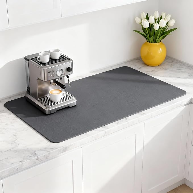 Dish Drying Mat Super Absorbent – 17 x 31 Coffee Mat for Countertops – Non-Slip Drying Mat for Kitchen Counter – Easy to Clean Water Absorbent Mat – XLarge Dish Drying Mats (Dark Gray)