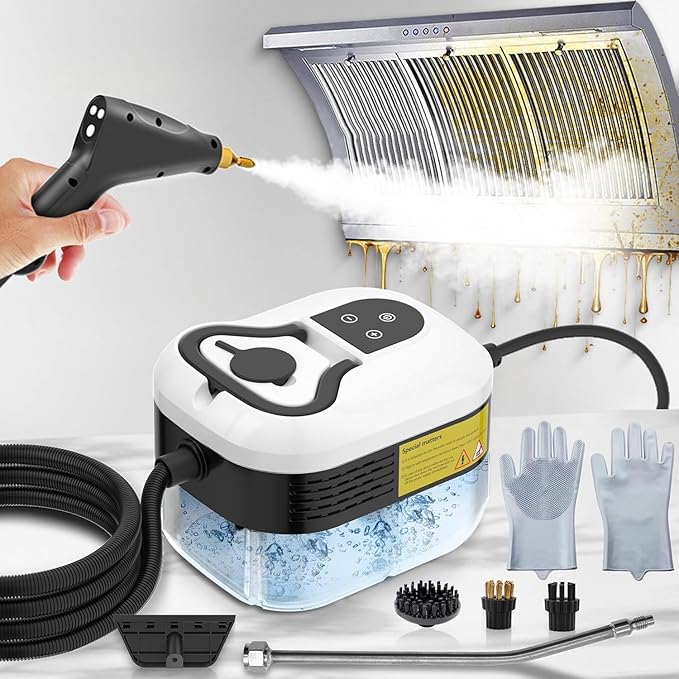 2500W Steam Cleaner for Home Use 6-level Speed Adjustable Handle 1.2L Handheld Car Steam Cleaner for Home Car Kitchen Furniture Floor High Pressure Steam Machine with 4 Brush Heads White