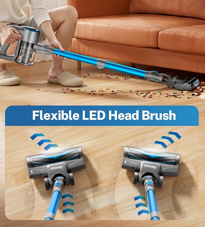 DEVOAC N300 Cordless Vacuum Cleaner 6 in 1 Lightweight Stick Vacuum 2200mAh Battery Up to 40mins Runtime Powerful Handheld Vacuum for Hard Floor Rug Pet Hair Home Dorm (Blue)