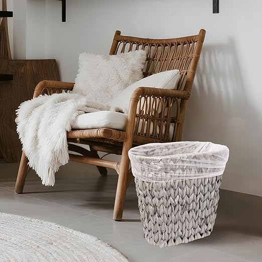 Wicker Trash CanWaterproof Bathroom Waste BasketPlastic Wicker Woven Waste Basket with Built-in Handles 19 Liters/5 GallonsDecorative Boho Rubbish Bin for Bedroom Office Kitchen Laundry (gray)