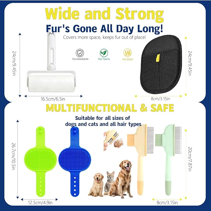 2026New 4-in-1 Pet Hair Removal Kit - Refillable Lint Roller + Self-Cleaning Deshedding Comb + Electrostatic Glove + Soft Rubber Bath Brush Multi-Surface Hair Remover for Cats/Dogs/Clothes/Yellow
