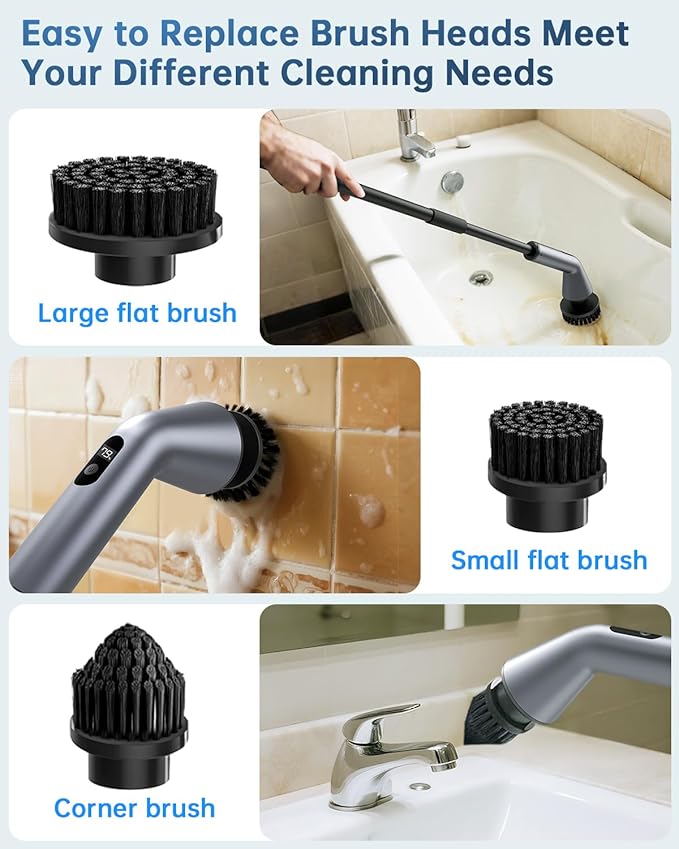 VICNOVA Electric Spin Scrubber IPX7 Waterproof 2-Speed Extendable Long Handle Cordless Cleaning Brush with 7 Replacement Brush Heads for Bathroom Shower Bathtub Glass Tub Tile Floor Car