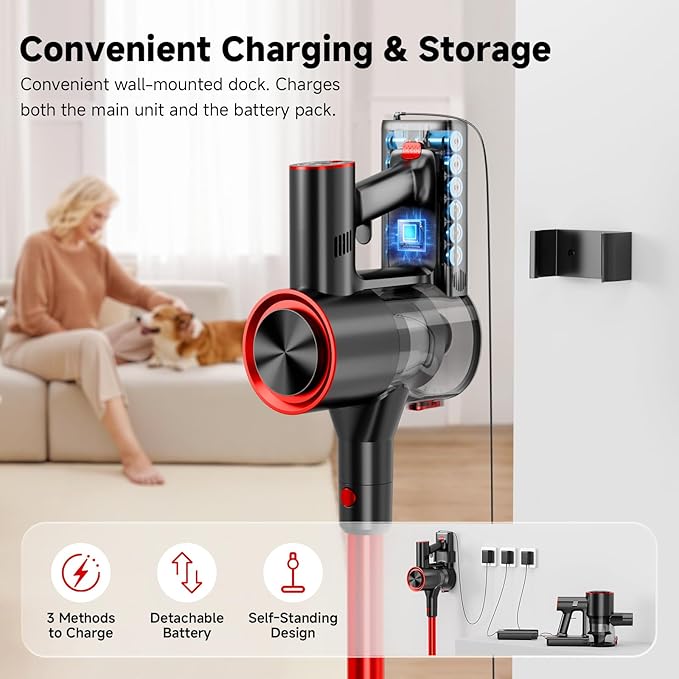 Cordless Stick Vacuum Cleaner 40Kpa Powerful Suction Vacuum Cleaner with LED Headlight Detachable Battery 8-in-1 Lightweight Handheld Vacuums for Pet Hair Carpet and Hardwood Floor Red