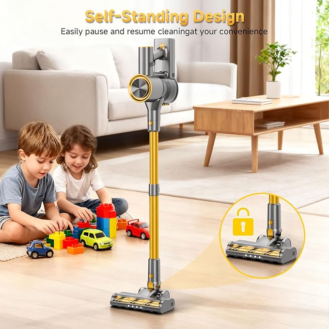Cordless Stick Vacuum Cleaner - Rechargeable45Kpa Powerful Suction Vacuum for Home45Mins RuntimeDetachable BatteryAnti-Tangle 8 in 1 Lightweight Vacuum for Pet Hair Carpet HardwoodYellow