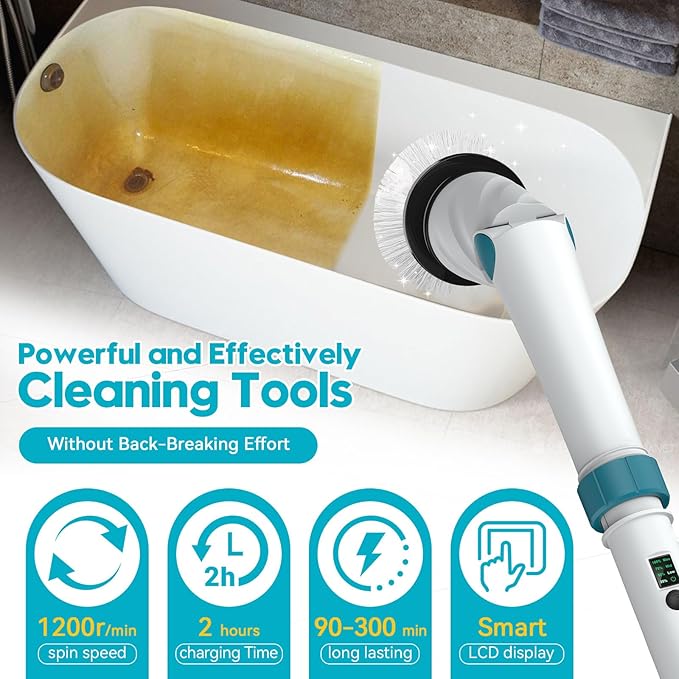 Battery Electric Scrubber for Cleaning Bathroom1200RPM 21V Spin Scrubber Electric Spin Brush for Cleaning 50'' Cordless Power Shower Scrubber W/ 8 Brushes for Grout Tile Tub Floor