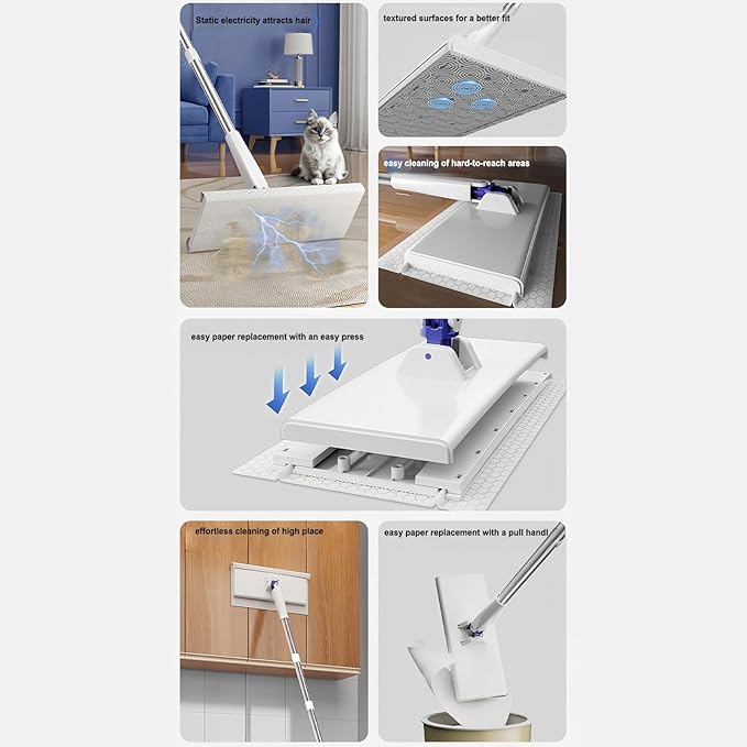 Cloth Clip Mop -125cm Scrubber Cleaning Tools Reusable Household Cleaning Tool | Scrubber Mop with 4 Cloths Multi Cleanings Mops for Tile Glass Pet Hair Home Apartment Kitchen Bedroom Car