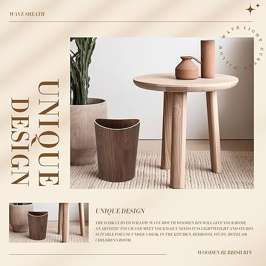 2 Pack 2.3 Gallons Wood Trash Can Wastebasket Natural Wood Round Wastebasket Small Trash Bin for Home Office Under Desk Kitchen Bedroom Den Hotel Room (Dark WoodWavy)