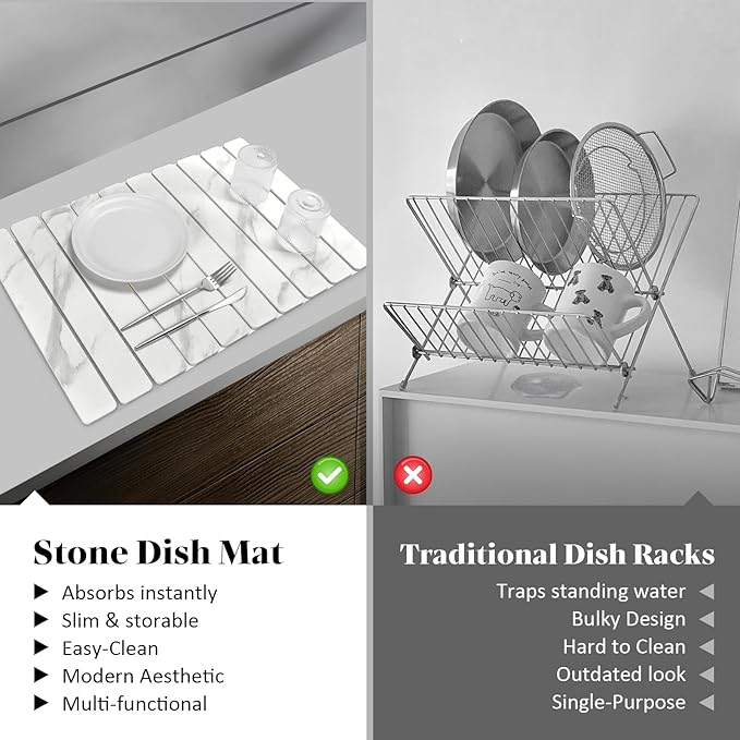 Large Stone Dish Drying Mats for Kitchen Counter 24(L)×16(W) Marble-Pattern Fast Drying Collapsible Dish Drying Mat Eco-Friendly Absorbent Diatomaceous Earth Mats for Match Countertop