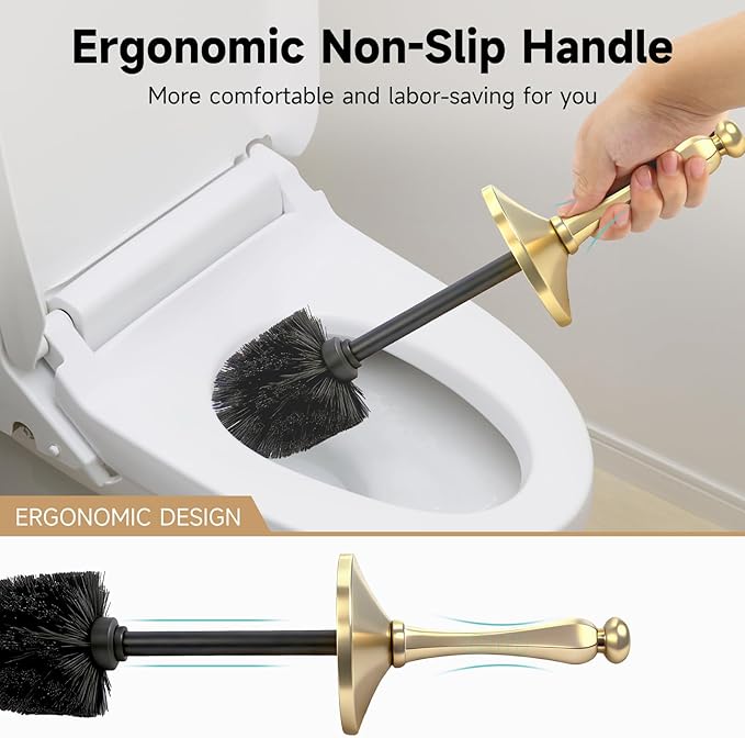 Brushed Gold Toilet Brush and HolderExtra Long Handled Toilet Brush for BathroomStainless Steel Heavy Duty Toilet Bowl BrushDeep Cleaning Modern Toilet Cleaner Brush -Space Saving Covered Brush