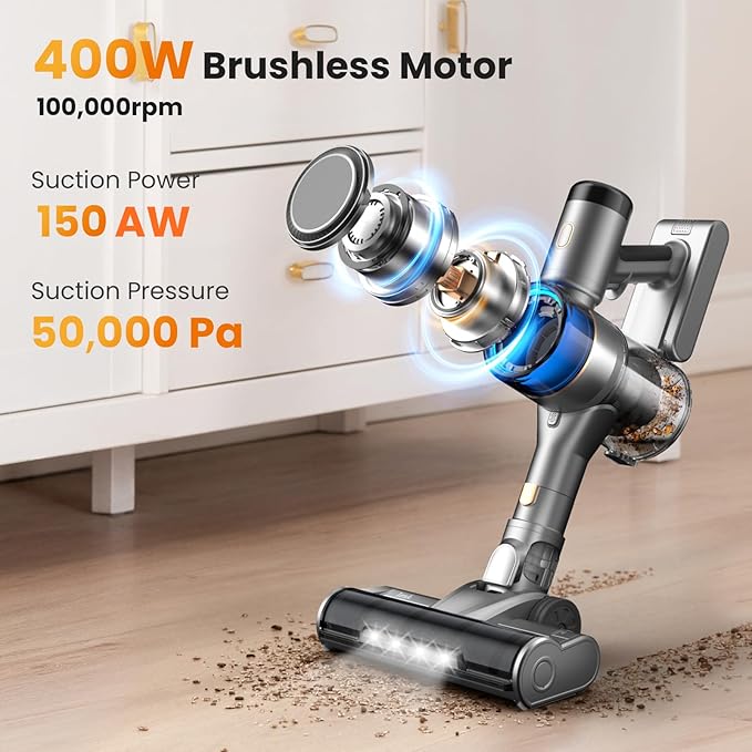 Dzaki S9X Vacuum Cleaners for Home400W 50KPa Cordless Stick Vacuum CleanerUp to 55 Mins RuntimeSmart Induction Auto-AdjustmentRechargeable Battery Vacuum Cordless for Carpet Floor Pet Hair(Gray)