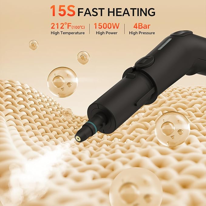 Heapsion Handheld Steam Cleaner 4 Bar Pressure 15s Fast Heat-Up 1.8L Large Capacity Tank 6 Steam Levels 12-Piece Accessories 1500W Portable Steam Cleaner for Grout Tiles Kitchen Car Detailing