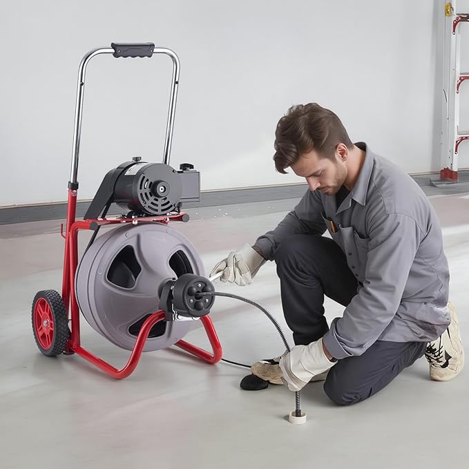 VEVOR Drain Cleaner Machine 100 FT x 3/8 Inch Auto Feed Sewer Snake Drain Auger on Wheels Portable Drain Cleaning Machine with 8 Cutters &amp Air-Activated Foot Switch for 2 to 4 Pipes