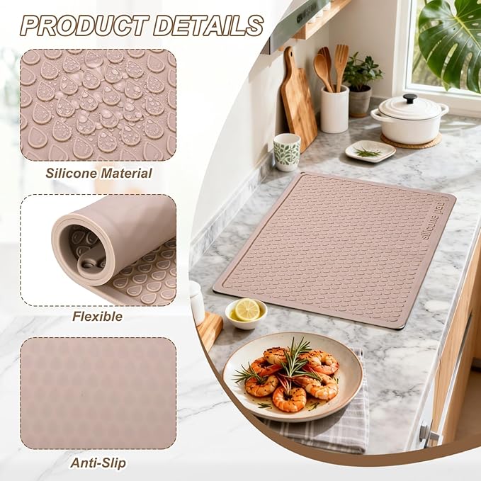 PATIKIL 2 Pcs Dish Drying Mat 16 x 12 Inch Silicone Heat Resistant Drying Pad Stove Top Cover for Kitchen Counter Sink Stove Refrigerator Drawer Liner Reddish Brown