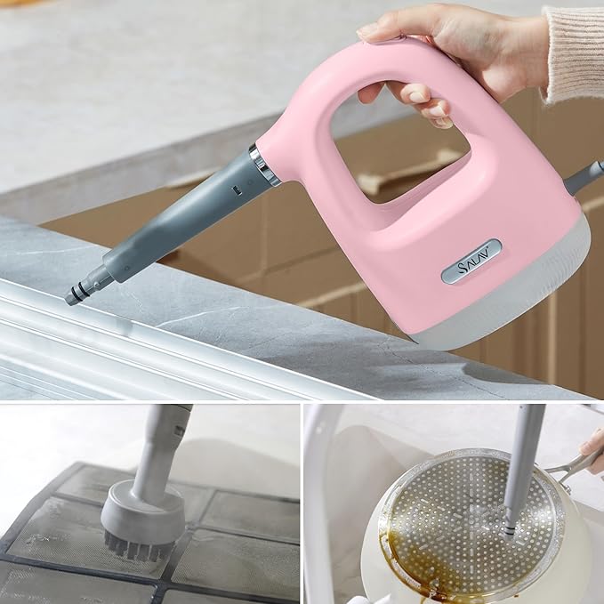 SALAV® CleanSteam Compact Steam Cleaner Pressurized Multi-Surface Handheld Steamer w/11pc Accessories Safety Lock No-Drip Fast Heat Time Unlimited Use for Cleaning Windows Tiles Grout Car (Pink)