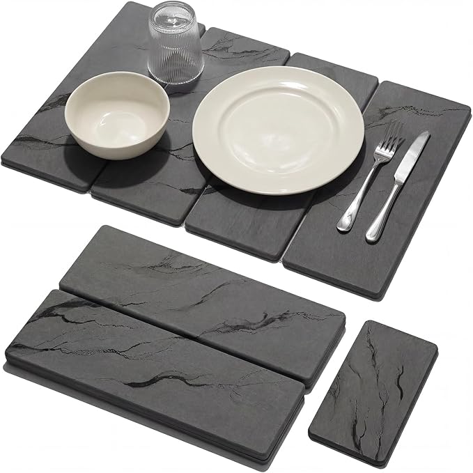 Large Stone Dish Drying Mat for Kitchen Counter 2 PCS Quick Dry Diatomaceous Earth Dish Mat Set – Foldable Water Absorbing Kitchen Accessories for Countertop(Dark Gray 24x16&amp8x4)