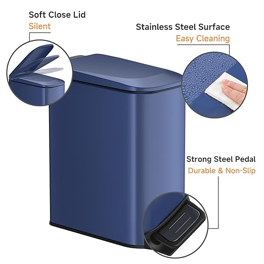 TIPGO Slim Bathroom Trash Can with Lid Soft Close Step Pedal 6 Liter / 1.6 Gallon Stainless Steel Trash Bin Small Garbage Can for Bedroom Office Kitchen (Navy Blue)
