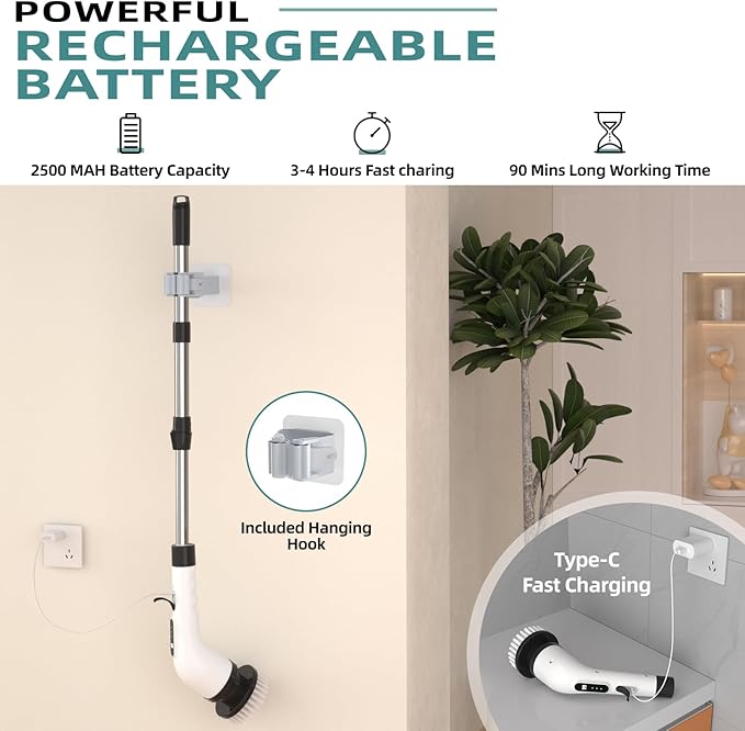 Electric Spin Scrubber for Cleaning 9 in 1 Changeable Bathroom Scrubber with Power Display Long Cordless Cleaning Brush Cordless Shower Cleaner Brush for Bathtub Kitchen Wall Cleaning