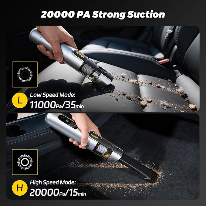 Mr.ego Car Vacuum Portable Cordless 20000Pa Mini Vacuum Cleaner &amp Air Duster 100000 RPM Brushless Motor Handheld Vacuum with LED Light and Multi-Nozzles for Car Home Office Pet (Silver)