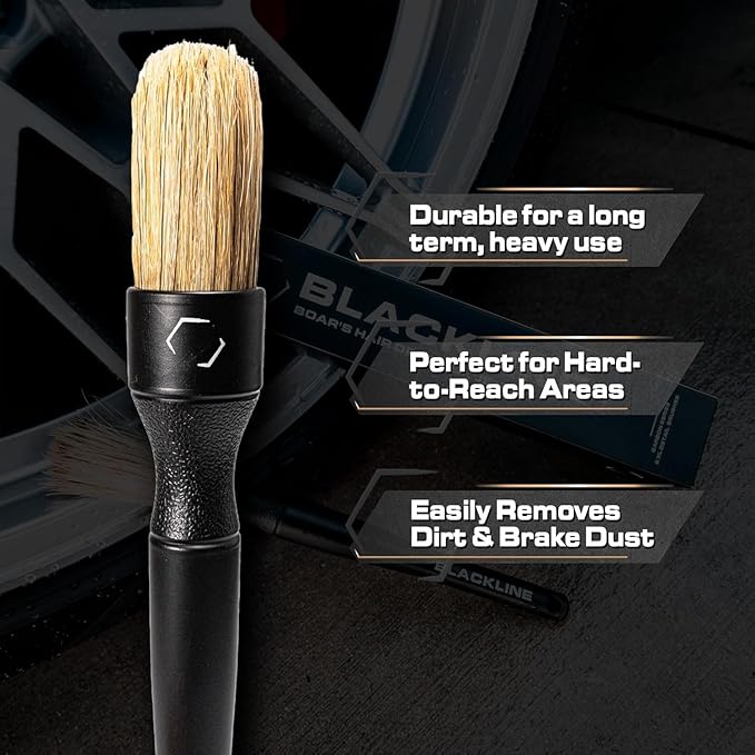 Blackline Car Care Boar Hair Detailing Brushes - Luxury Car Detailing Brush Set for Interior and Exterior - Best Auto Detailing Brushes - Premium Hair Car Detailer Brushes (Boars Hair Bristles)