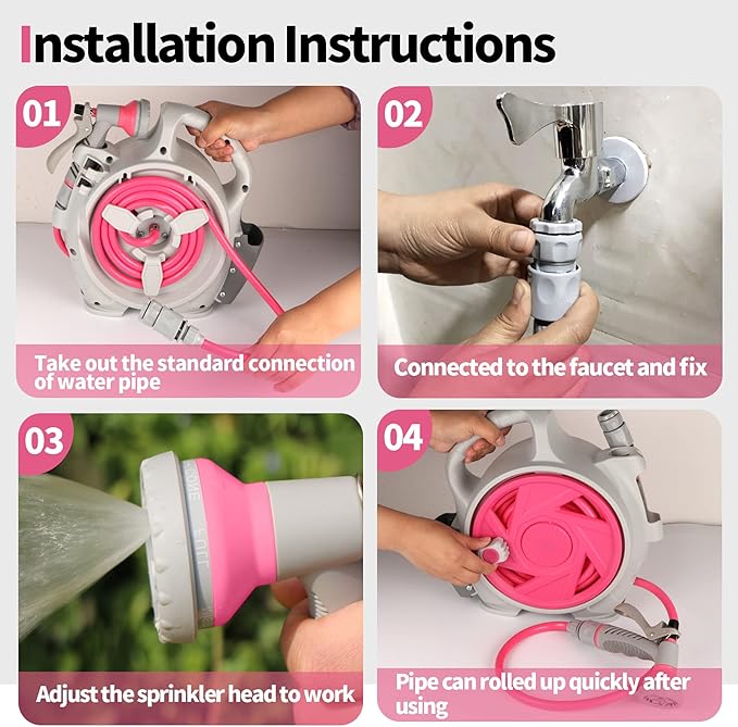 Garden Retractable Hose Reel Portable Simple Home Hose Reel 45+5 FT with 7 Patterns Spray Nozzle Wall Mounted and Any Length Lock for Garden Watering Car Washing Pet (Red Rose)