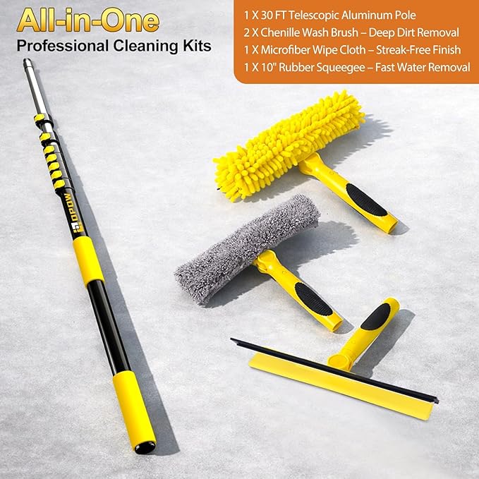 36FT High Reach Window Squeegee with Extension Pole 2-1 Window Washing Kit with 8-Stage Telescopic Pole &amp Rotatable Head No-Ladder Window Cleaner for High Window Solar Panel RV &amp Outdoor G