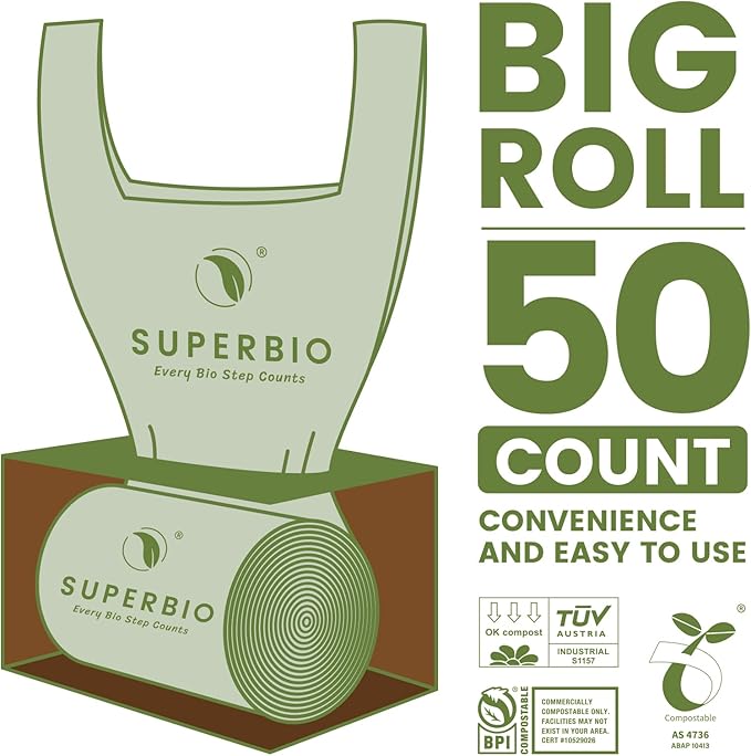 SUPERBIO 1.6 Gallon Handle Tie Compostable Food Scrap Bags Small Compost Bags with Handles 50 Count 2 Pack BPI &amp OK compost INDUSTRIAL