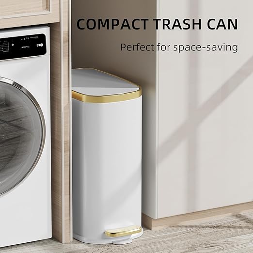 KUK Small Bathroom Trash Can with Lid Soft Close Step Pedal 2.6 Gal Stainless Steel Garbage Can with Removable Inner Bucket Anti-Fingerprint Wastebasket for Office Bedroom Toilet (White)