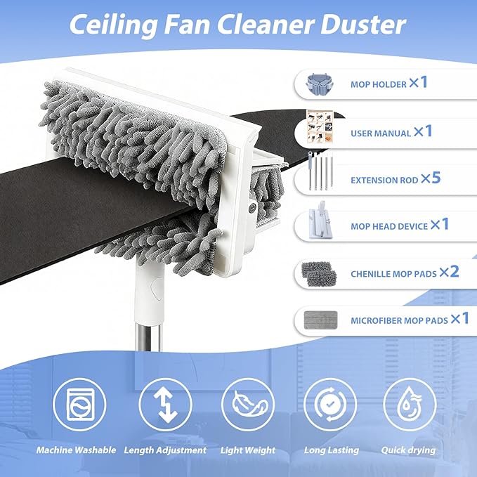 Ceiling Fan Cleaner Duster with 80'' Extendable Long Handle Pole - Microfiber Chenille Pads for Blades Baseboards Walls Floors Blinds &amp Cobwebs - Reusable &amp Washable