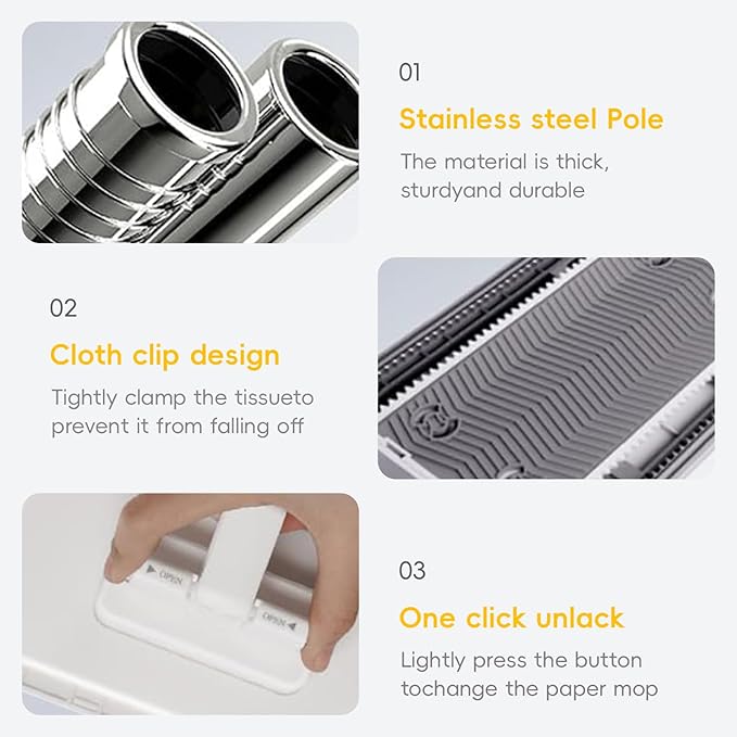 Zero Touch Mini Mop Automatic Cloth Changing Mini Mop Snap Grip MiniMop Convenient Cloth Changing MiniMop with 5 Reusable Cloths Portable Push-Pull Handle for Bathroom Kitchen (White)