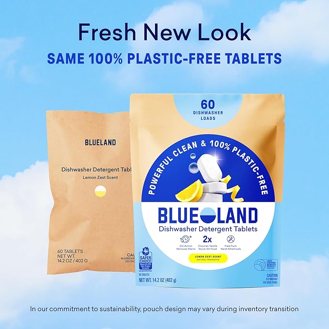 BLUELAND 100% Plastic-Free Dishwasher Detergent Tablets 120 Count Lemon Zest Scent Eco Friendly Dishwashing Pods Natural USDA Certified biobased