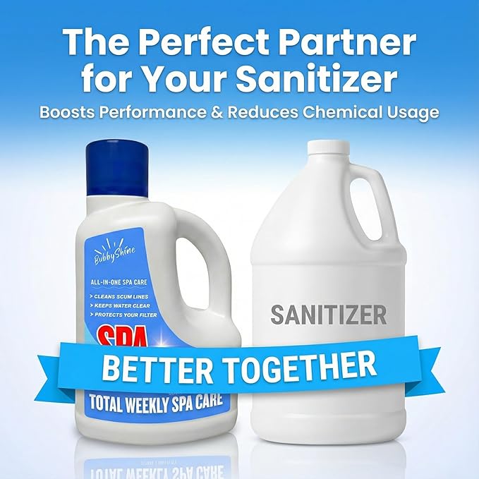 5-in-1 Hot Tub Chemicals – Spa Weekly Enzyme Cleaner &amp Clarifier Scum Line Cleaner Filter Protector + Water Conditioner Clear Finish for Spas &amp Inflatable Tubs 3 Liter (101.5 fl oz) – Bubb