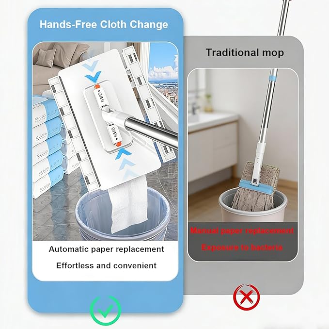 Snap Grip Mini Mop Zero-Touch Automatic Cloth Changing Mop with 360° Rotating Head Push-Pull Handle Reusable Cleaning Cloths Slim Design for Bathroom Kitchen &amp Tight Spaces